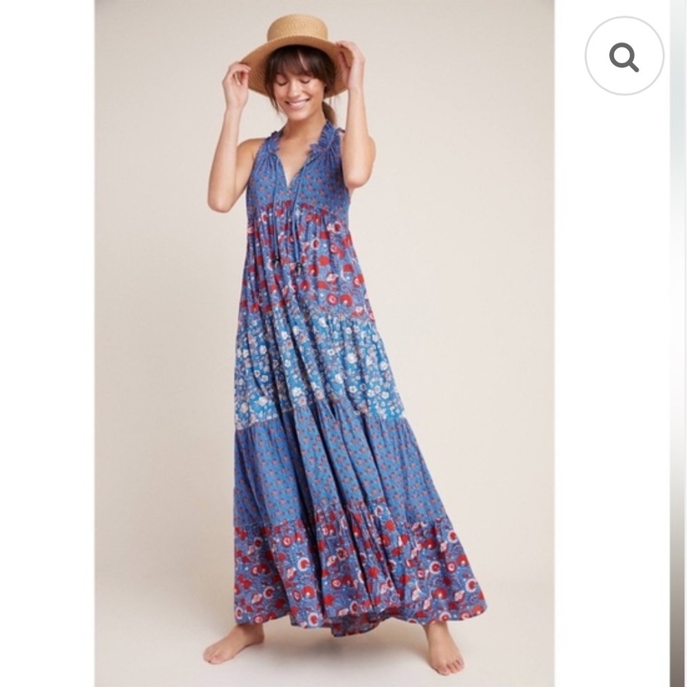 Ro’s Garden Sofia Long Tiered Cover Up Dress in Blue Floral